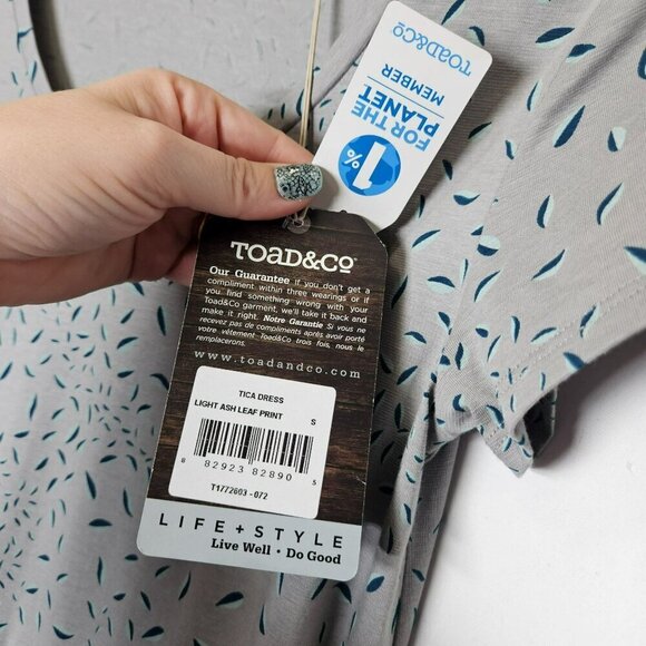 Toad&Co NWT Womens Tica Dress Light Ash Leaf Print Organic Cotton Modal Blend S - Picture 3 of 11